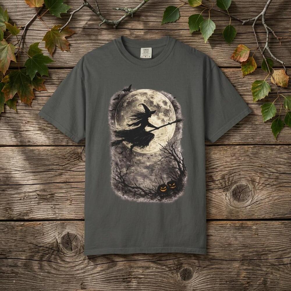 Witch Silhouette Moon T-Shirt Halloween Witch On Broom Tee Not Ai Art